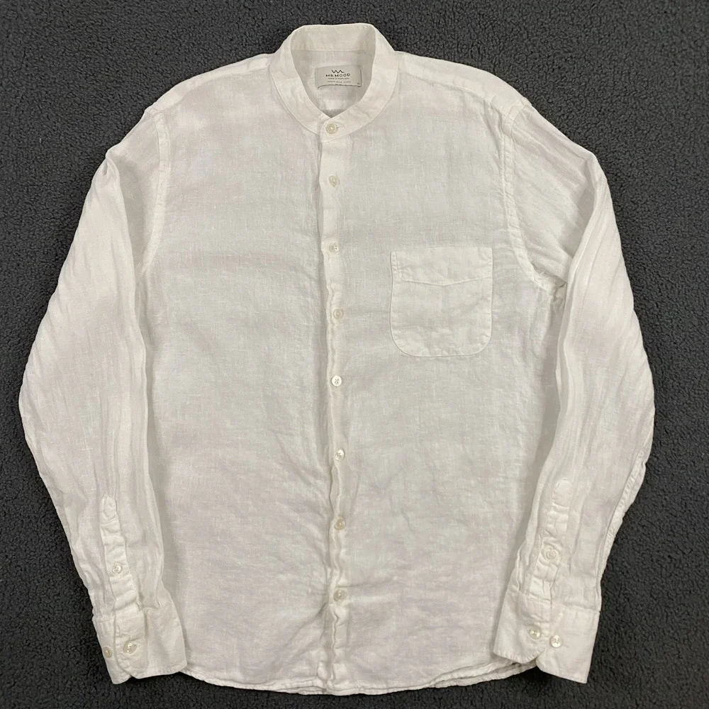 Mr Mood Linen Shirt Mens Medium Band Collar White‎ Resort Vacation Portugal